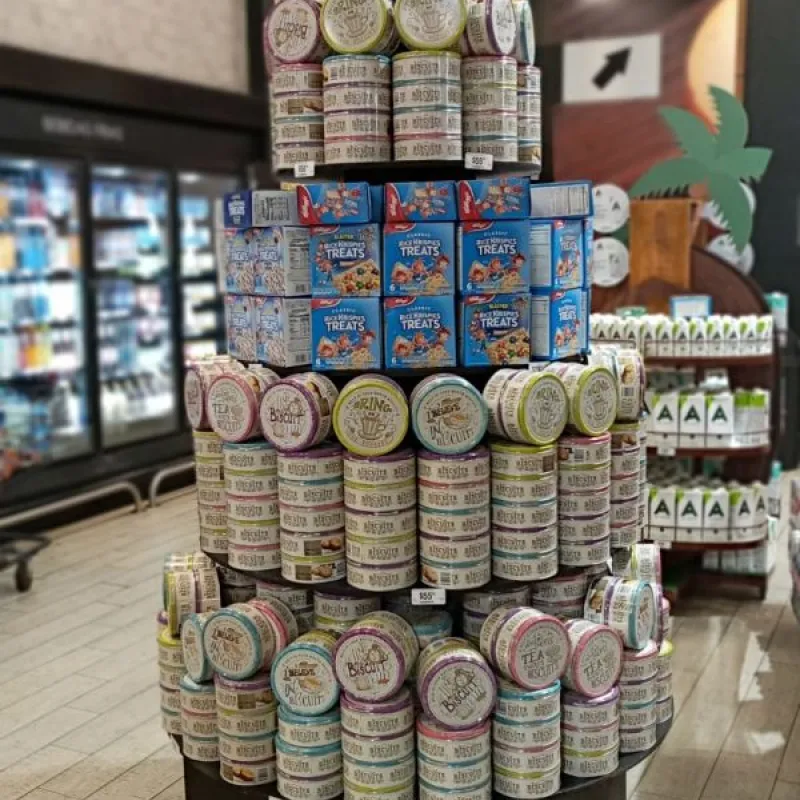 Tower display of Danish butter cookie tins in a Mexican supermarket