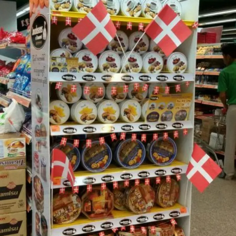 Cookie tin display decorated with Danish flags in a store in Taiwan