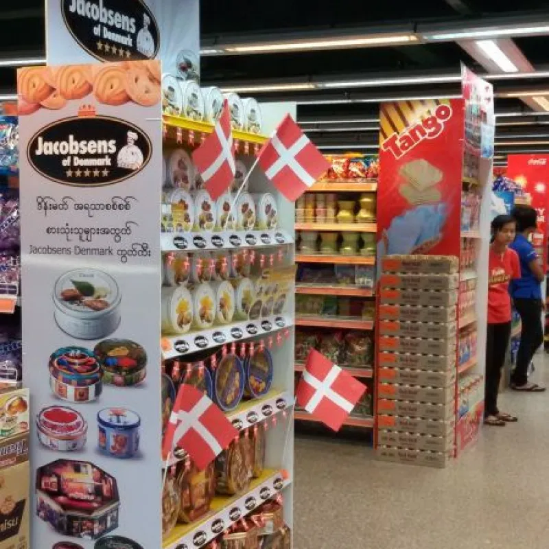 Jacobsens of Denmark display tower with Danish flags in a store in Taiwan