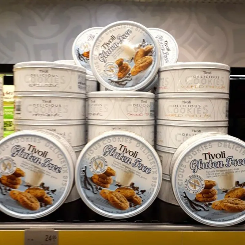 Stacked Tivoli gluten-free cookie tins in a store in Turkey