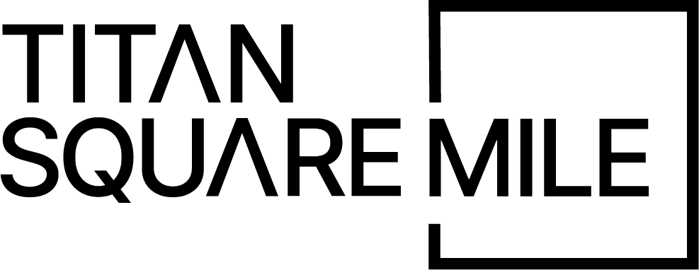Logo with black text reading Titan Square Mile inside an incomplete square frame.