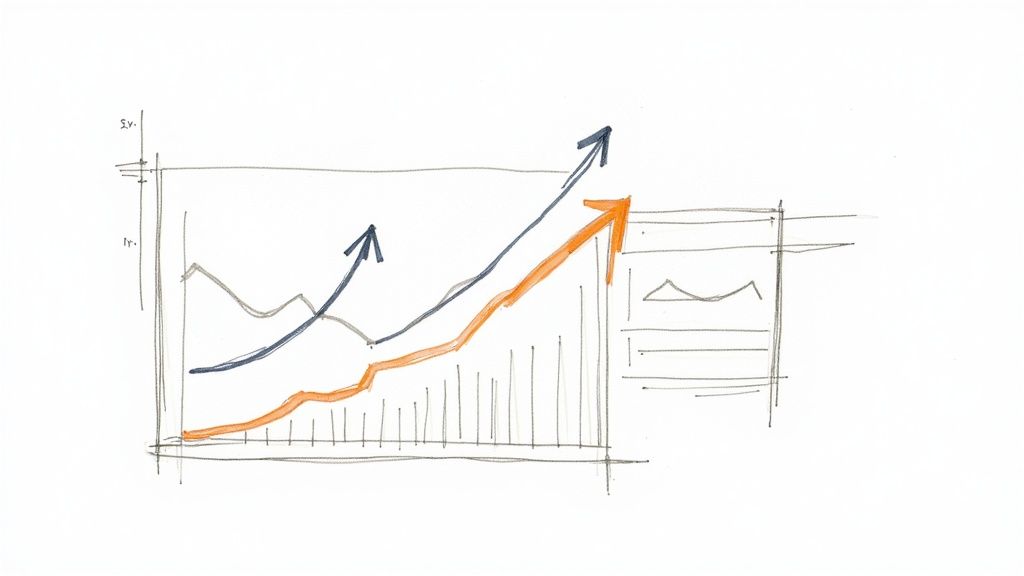 A person pointing at a financial chart on a computer screen, symbolizing performance-based pricing models.