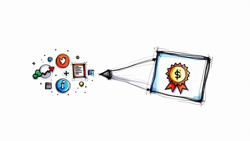 An analytics dashboard on a screen showing different traffic sources like organic, social, and direct, with charts and graphs.