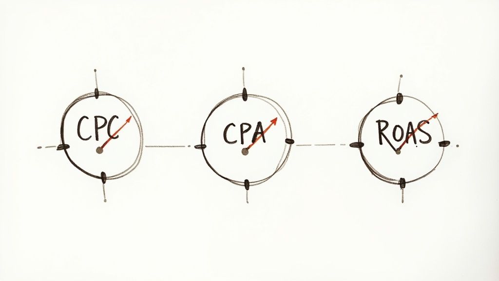A dashboard showing various performance marketing metrics like CPC, CPA, and ROAS with charts and graphs.