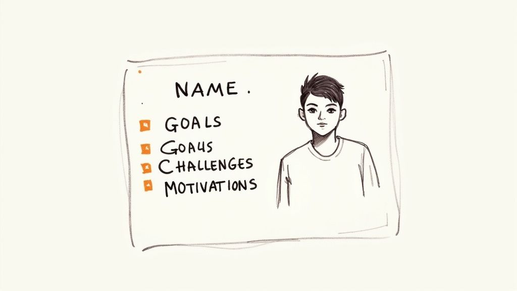 A person using sticky notes on a whiteboard to organize and structure a buyer persona profile.
