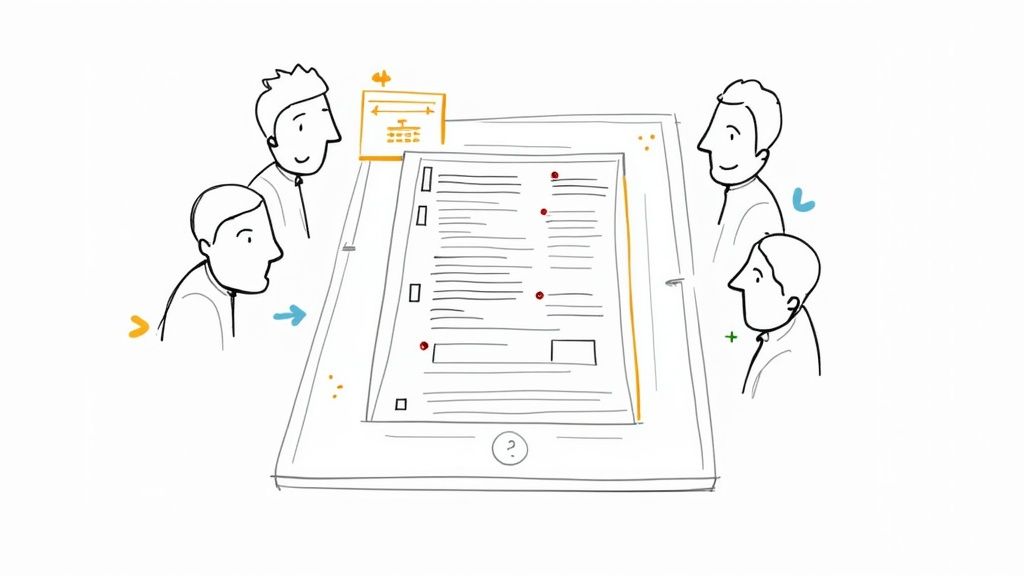 A team collaborating around a table, illustrating teamwork in content planning.