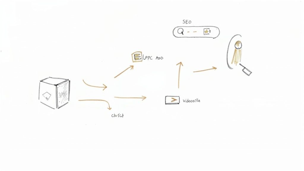 Group of people analyzing a digital marketing dashboard on a large screen