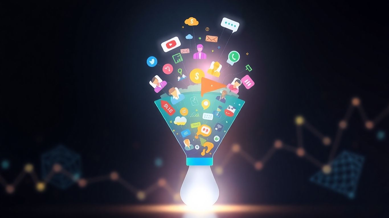 Lead generation funnel with customer icons and growth elements.