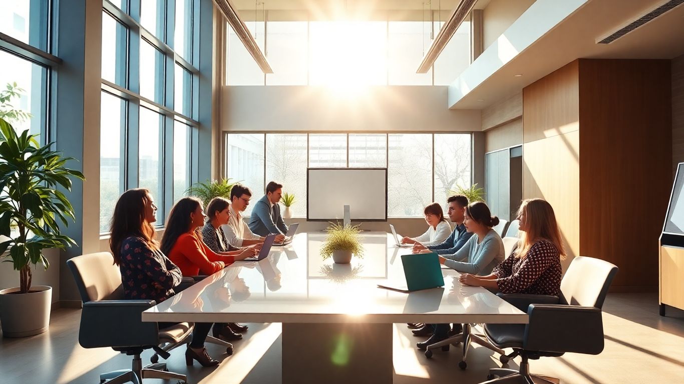 Team collaborating in a bright, modern office space.