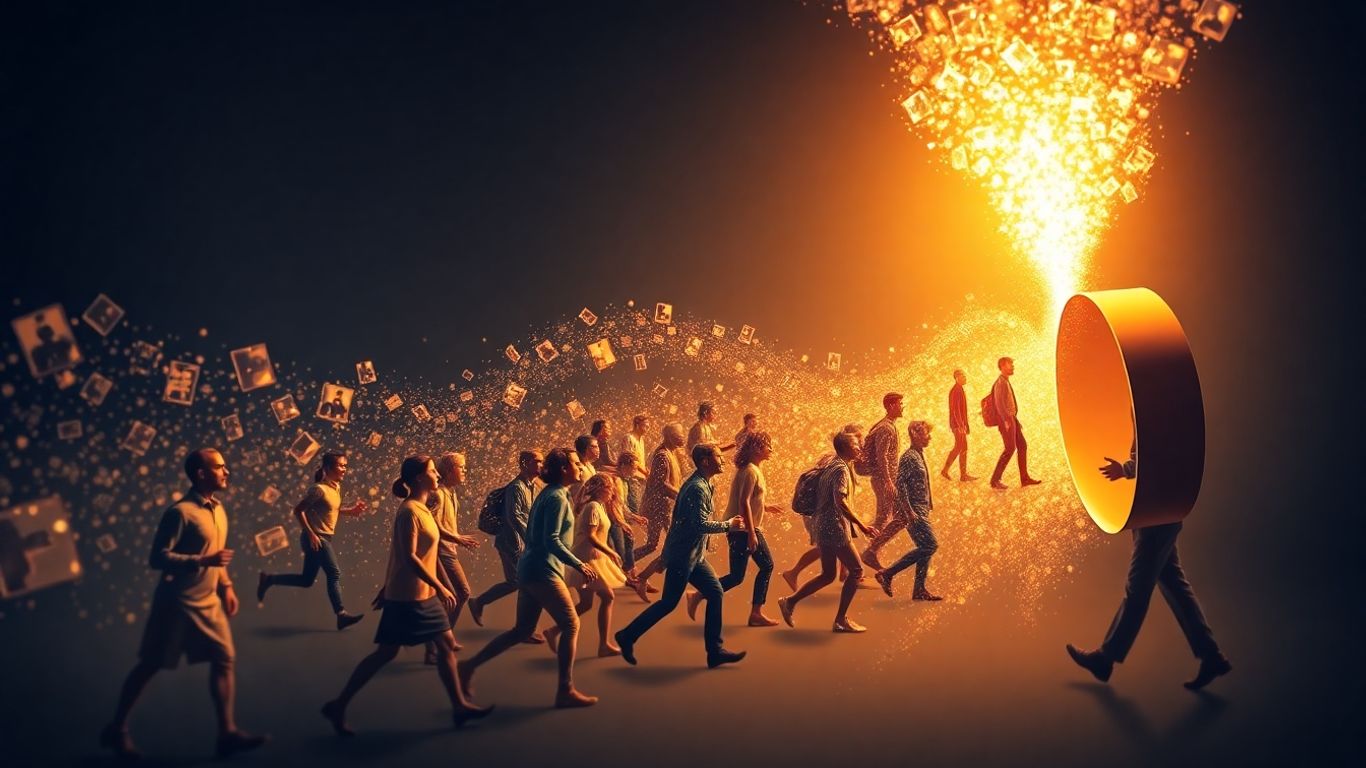 Flowing lead generation funnel with people moving through stages.