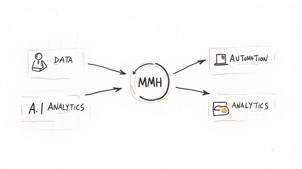 A person at a desk with multiple screens showing marketing data and analytics, representing a marketing hub.