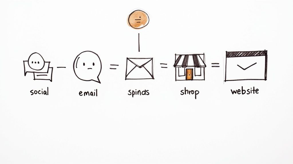 A diagram showing various marketing channels like social media, email, and physical stores connecting to a central brand.