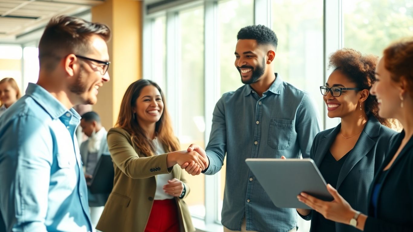 Professionals connecting and collaborating in a bright office.