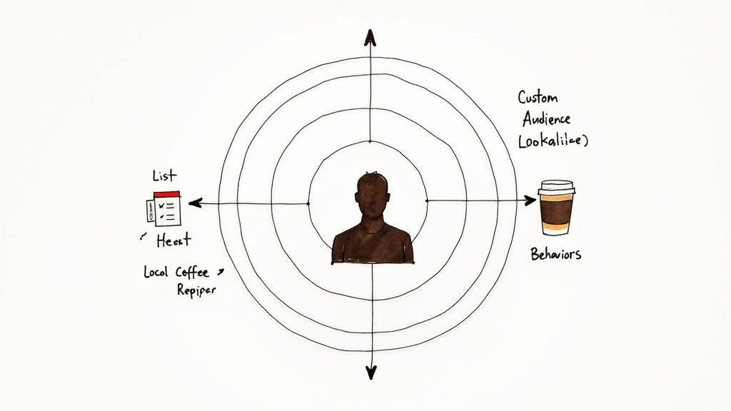 A magnifying glass focusing on a group of diverse user profiles, illustrating the concept of audience targeting.