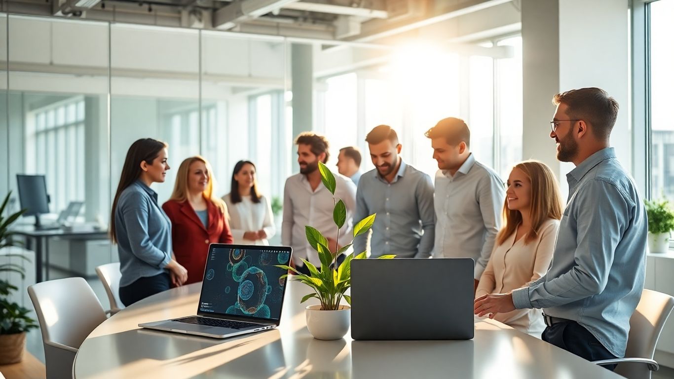Digital marketing professionals collaborating in a bright office.