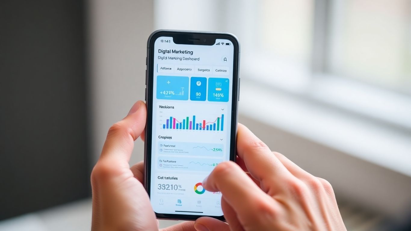 Digital marketing dashboard on a smartphone screen.