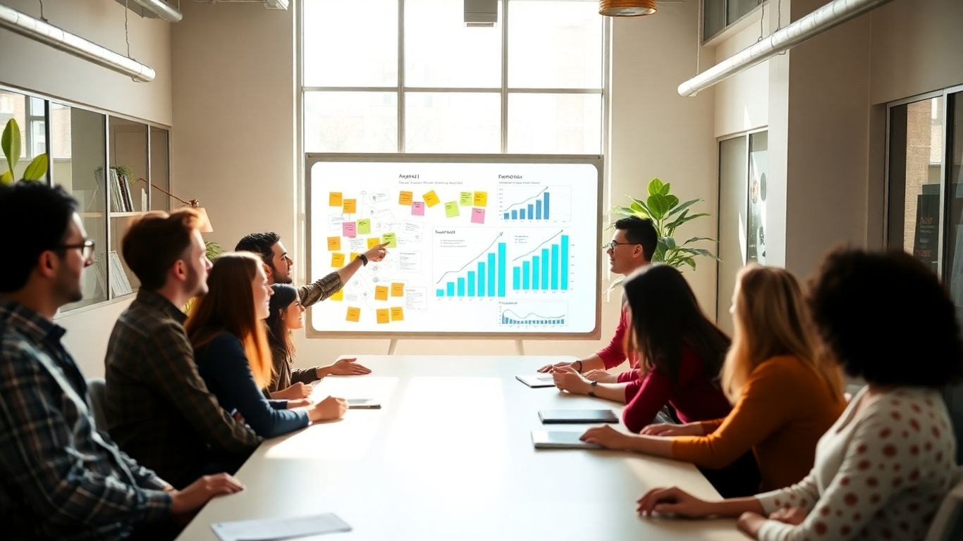 Team collaborating on growth strategies with charts.