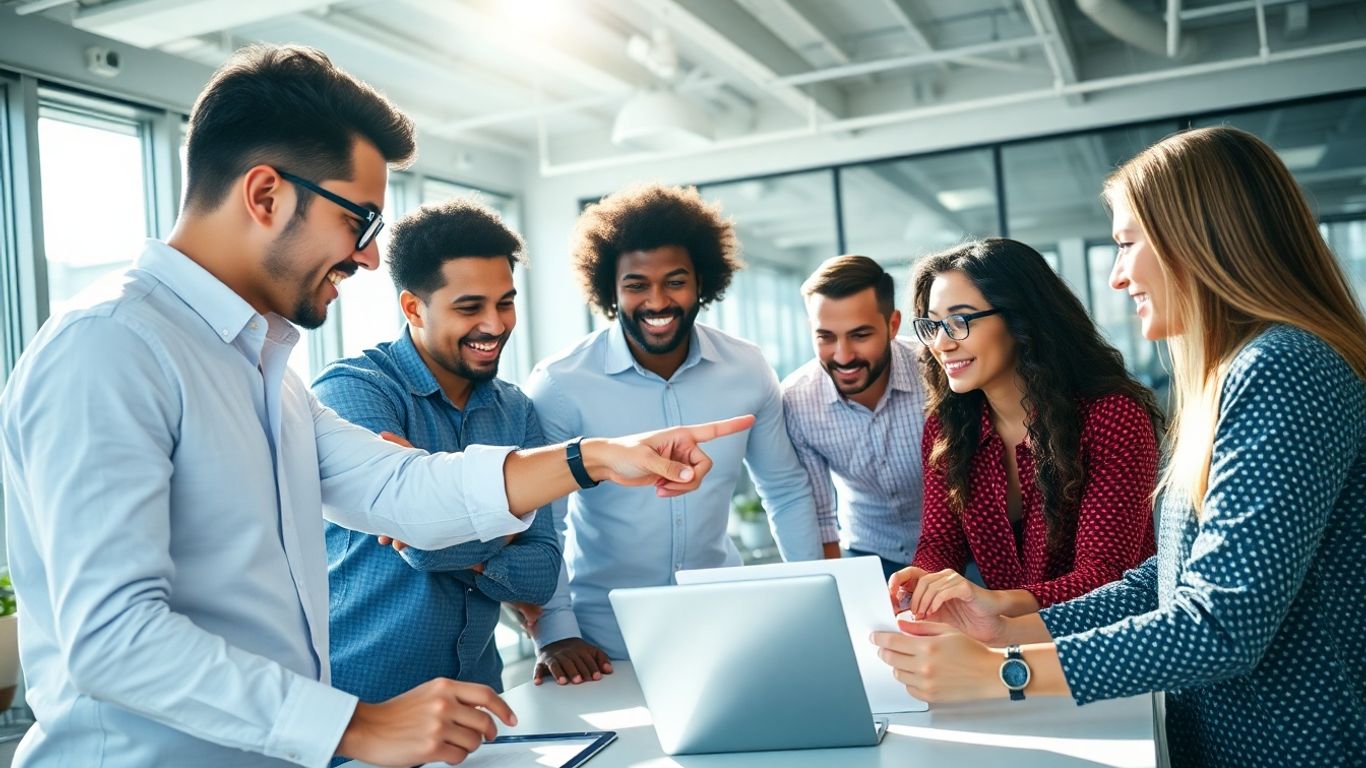 People collaborating and using digital devices for business growth.