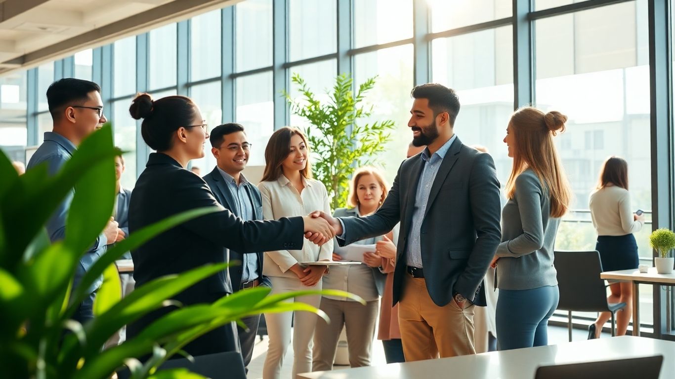 Real estate professionals shaking hands in a modern office.