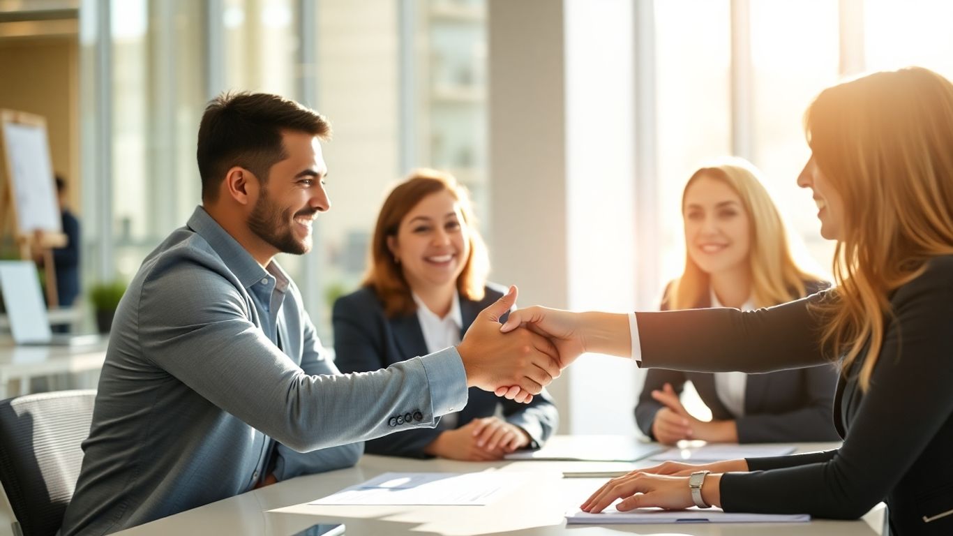 Business people shaking hands, symbolizing successful lead generation partnership.