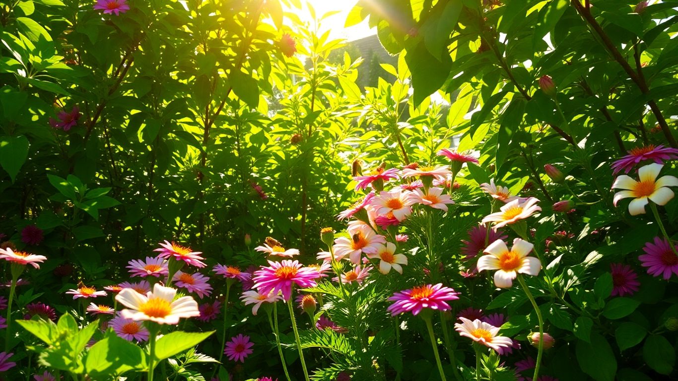 Lush garden with blooming flowers and sunlight.