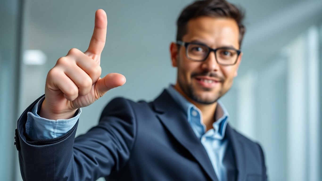 Business professional pointing upwards towards success.