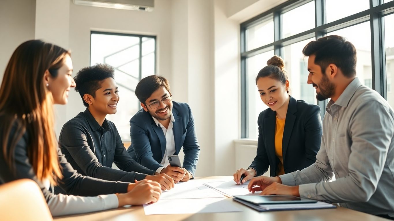 Business professionals collaborating on marketing strategies.