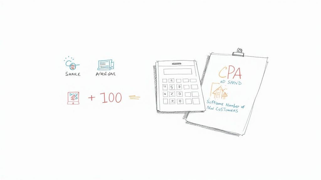 A close-up shot of a person using a calculator with a pen, business documents, and a tablet in the background.