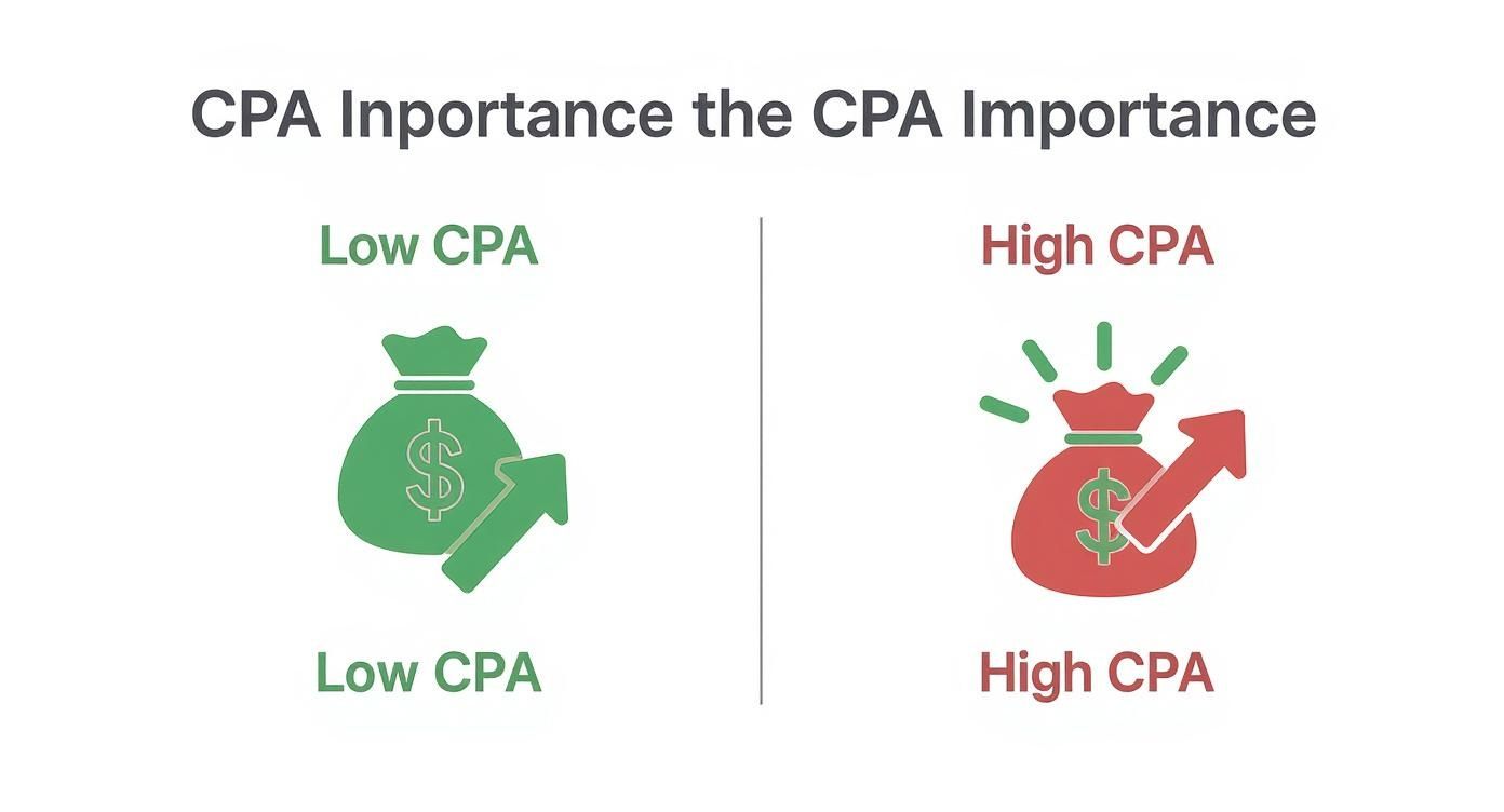 Infographic comparing a low CPA with a money bag and up arrow to a high CPA with a leaking money bag and down arrow.