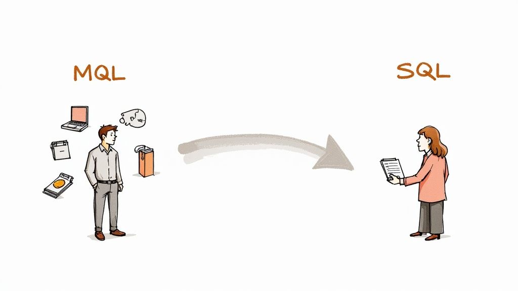 Two professionals shaking hands in an office, symbolizing the handoff between marketing and sales teams.