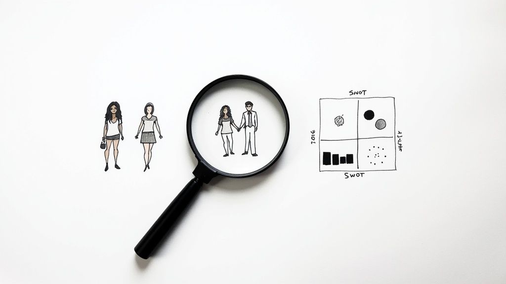 A team collaborating around a table with laptops and charts, conducting market research.