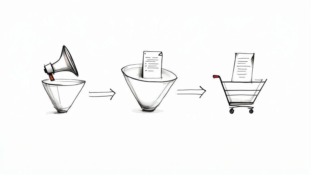 A person's hands arranging wooden blocks with marketing channel icons on a table, symbolizing strategy selection.