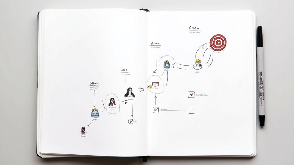 A person at a desk drawing out a marketing plan on a large piece of paper, surrounded by charts and sticky notes.