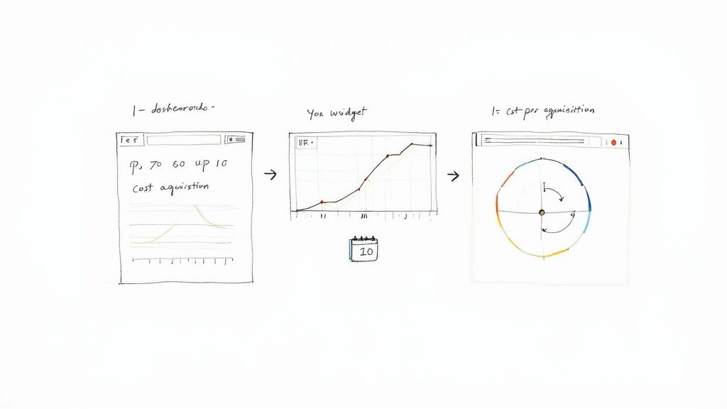 A dashboard on a tablet showing various marketing KPIs and charts.