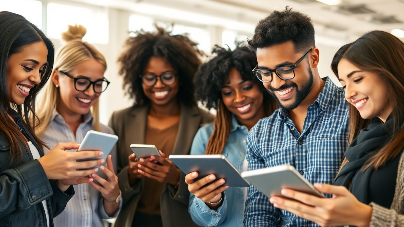 Small business owners engaging with digital content.