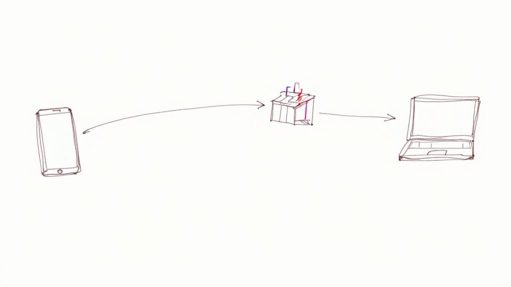 A visual representation of an omnichannel journey, with icons for a phone, laptop, and physical store connected in a smooth, circular flow.