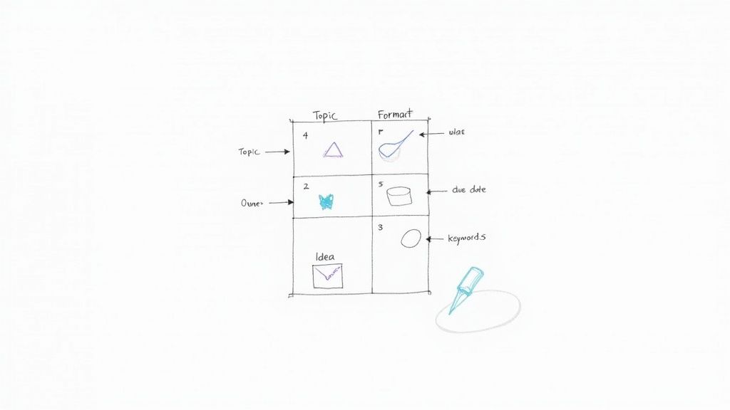 A close-up shot of a digital content calendar on a tablet, with various color-coded entries and notes.