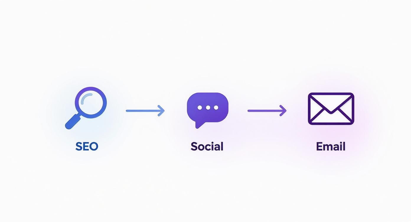 Infographic showing a process flow for AI use cases in SEO, Social Media, and Email Marketing