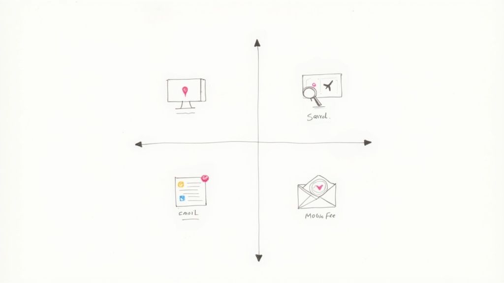 Four icons representing different types of retargeting: a website, a search bar, a social media icon, and an email.