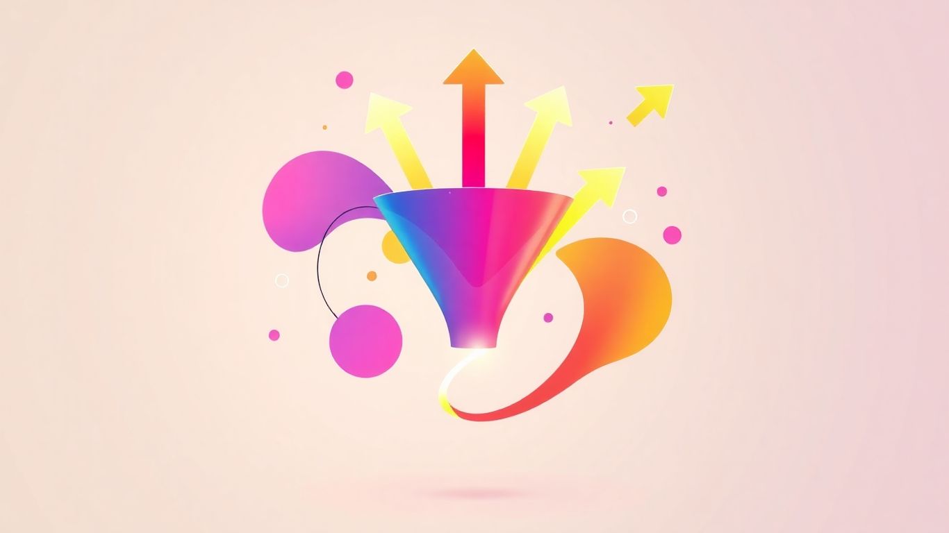 Sales funnel with upward moving arrows and abstract shapes.
