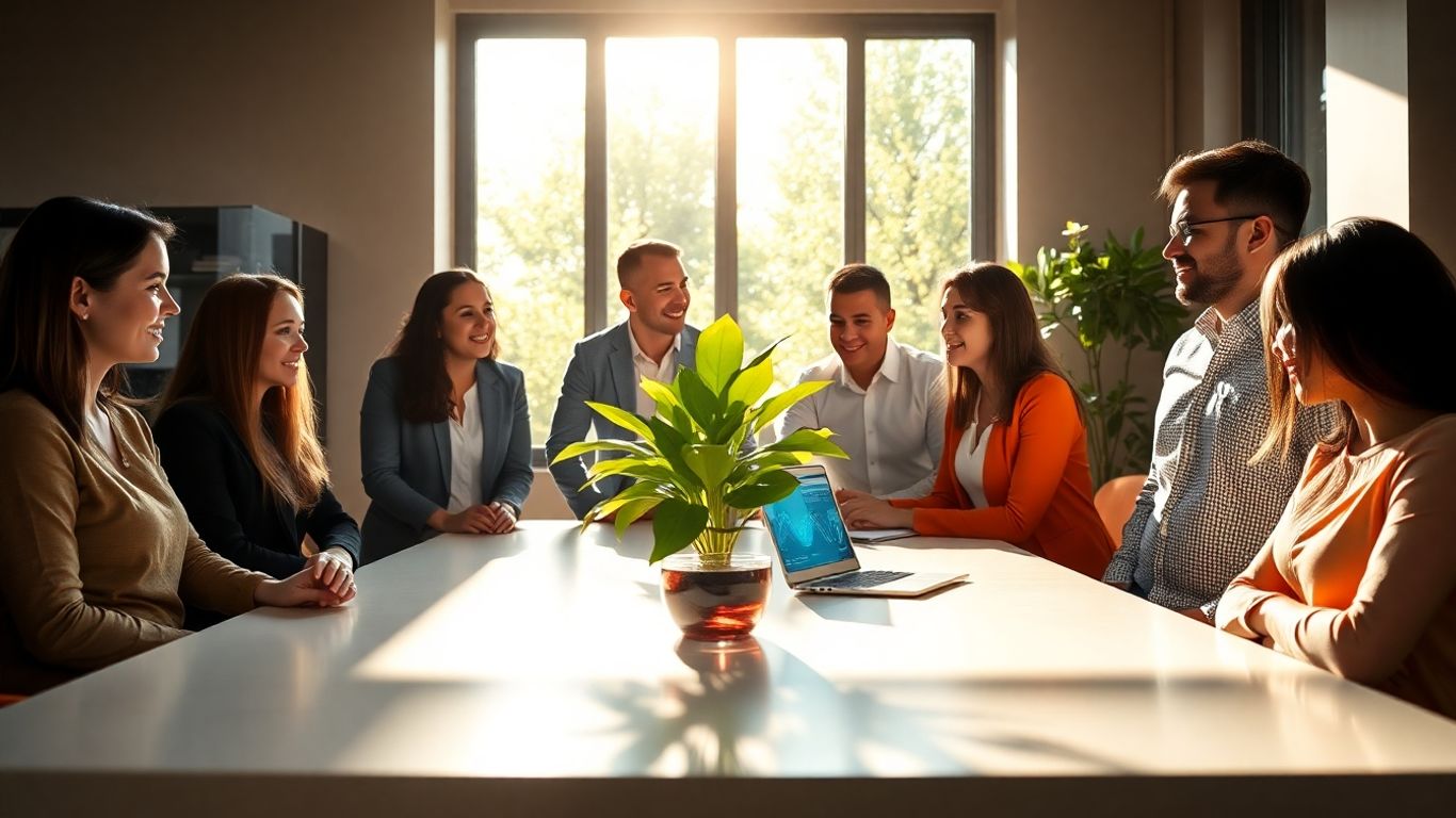 Professionals collaborating in a bright, modern office.