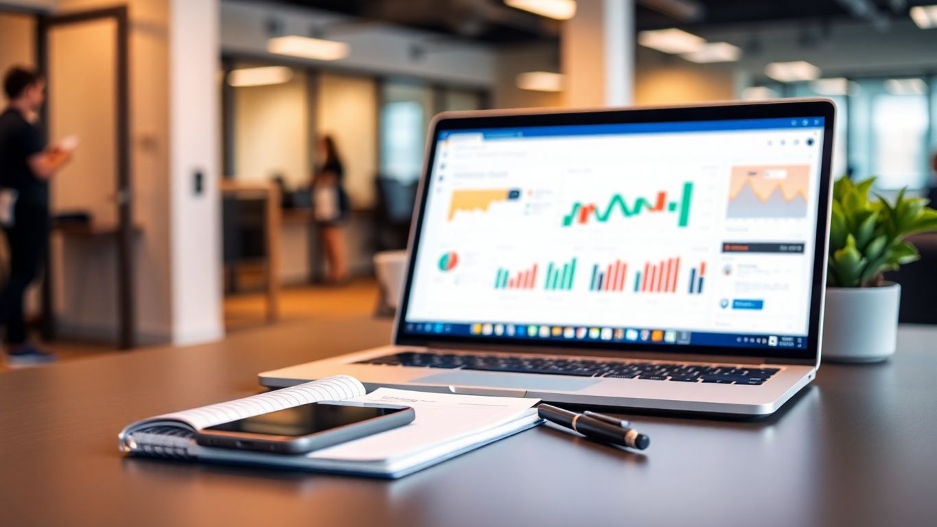 Modern desk with laptop, smartphone, and notebook.