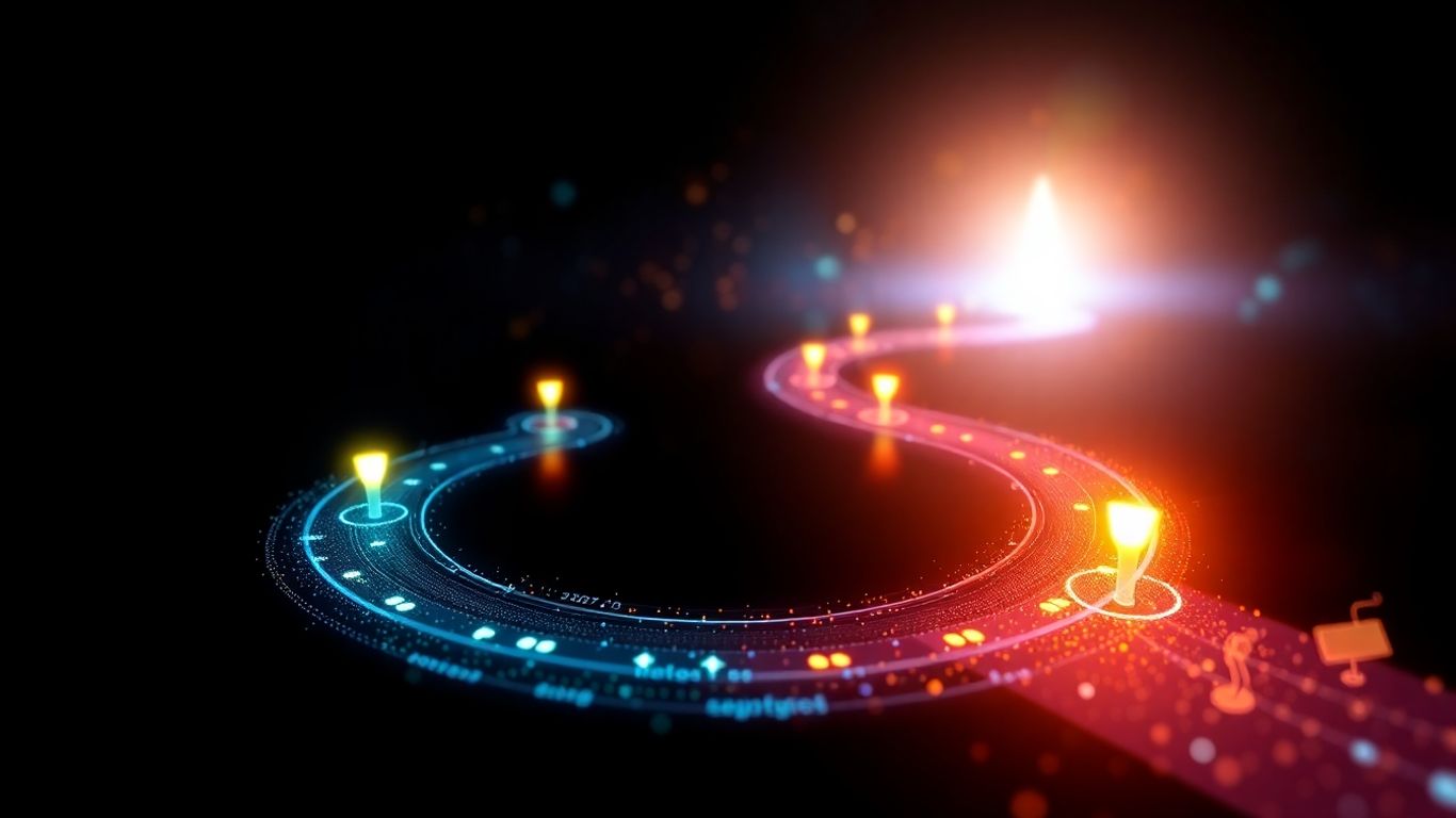 Lead generation system path with glowing markers and connection points.