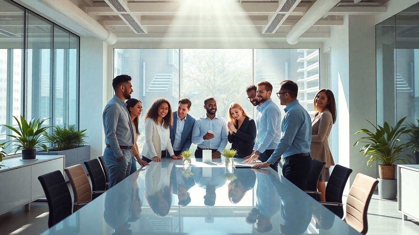 Professionals collaborating in a bright, modern office space.