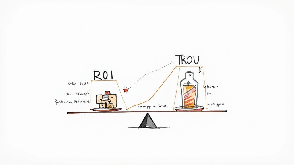 Balance scale comparing ROI office costs versus TROY media spend with necio pierce tunnel connection