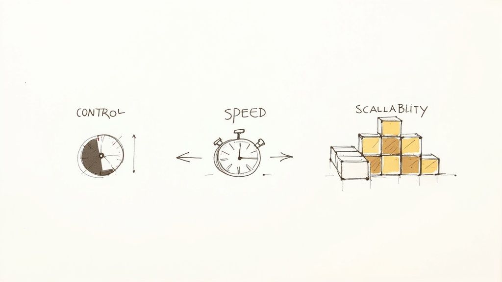 Diagram showing three business aspects: control with pie chart, speed with stopwatch, and scalability with building blocks