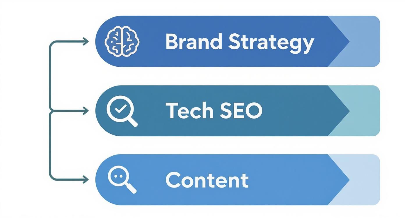 Three-tier diagram showing brand strategy, tech SEO, and content components with icons and arrows