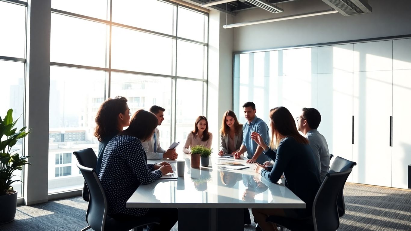 Business professionals collaborating in a bright, modern office.