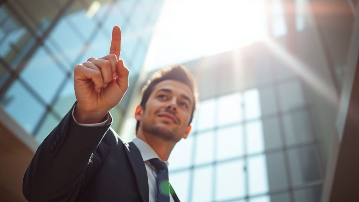Business professional pointing upwards towards growth.