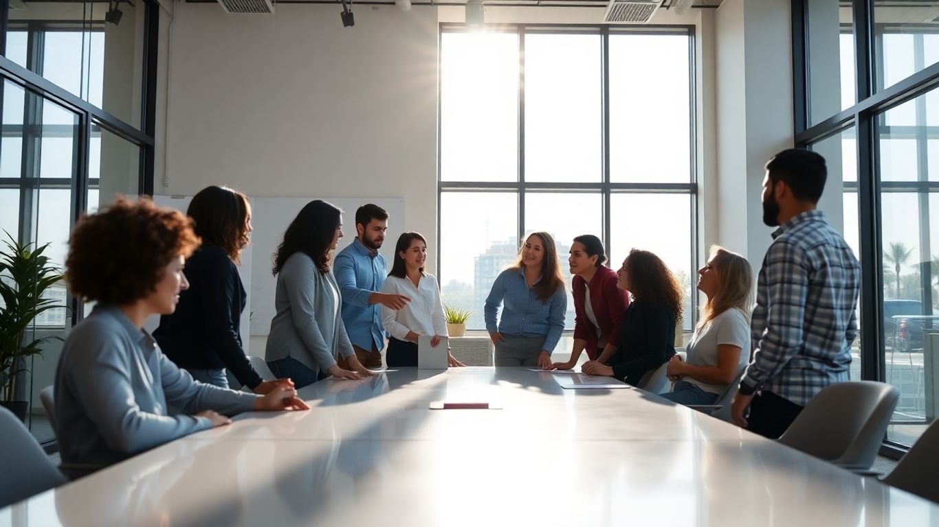 Team collaborating in a modern office with sunlight.